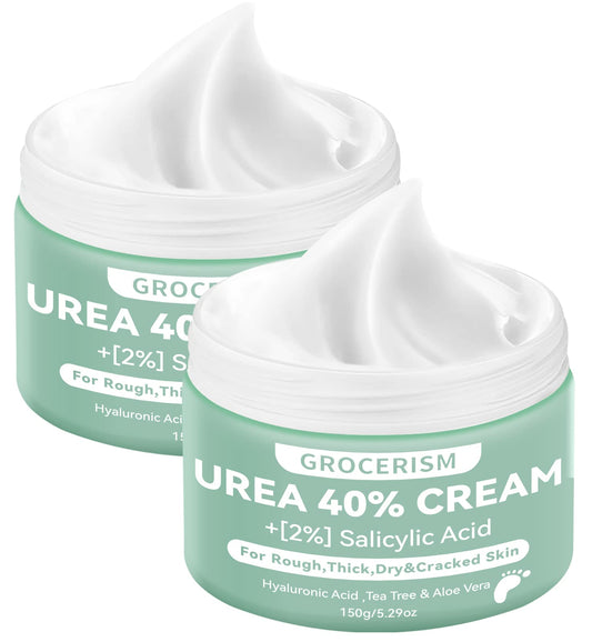 Grocerism 2 Packs Urea Cream 40% Plus 2% Salicylic Acid 5.30 oz || Foot Cream Maximum Strength with Hyaluronic Acid Tea Tree and Aloe Vera for Deep Moisturizes Callus Remover and Soften